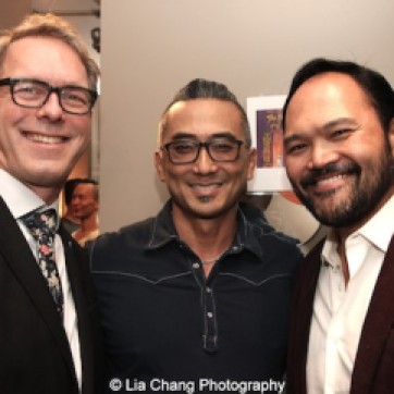 Greg Schanuel, Paul Nakauchi and Orville Mendoza backstage at the Vivian Beaumont Theater after The Actors Fund Special Performance of The King and I on September 20, 2015. Photo by Lia Chang