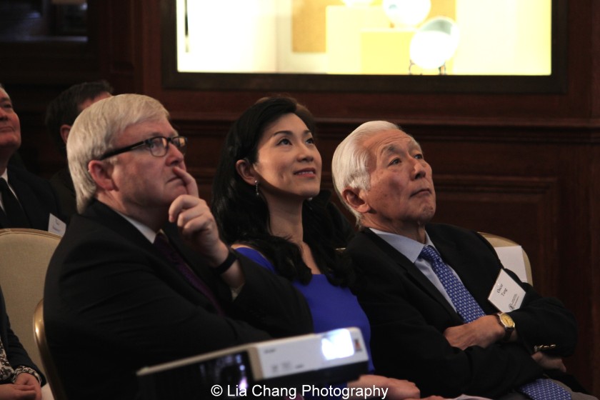 The Honorable Kevin Rudd, former Prime Minister of Australia and President of Asia Society Policy Institute, Dr. Agnes Hsu Tang and her husband Oscar L. Tang listen to Li Feng, Professor of Early Chinese History and Archaeology at Columbia University, give a lecture on "The Importance of Early China and the Indispensable Role of Western Institutions in Its Studies" at the inaugural reception for The Tang Center for Early China in the Low Library at Columbia University on October 2, 2015. Photo by Lia Chang