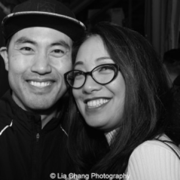 Marcus Choi and Jaygee Macapugay backstage at the Longacre Theatre in New York after the first preview of ALLEGIANCE on October 6, 2015. Photo by Lia Chang