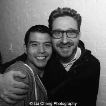 Telly Leung and GODSPELL director Daniel Goldstein backstage at the Longacre Theatre in New York after the first preview of ALLEGIANCE on October 6, 2015. Photo by Lia Chang