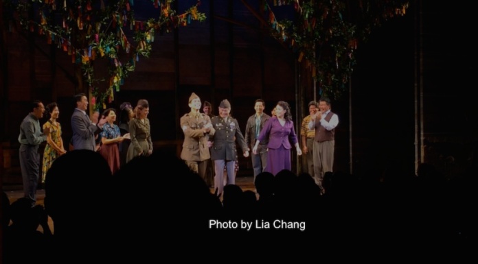 The cast of ALLEGIANCE at the curtain call of their first preview at the Longacre Theatre in New York on October 6, 2015. Photo by Lia Chang