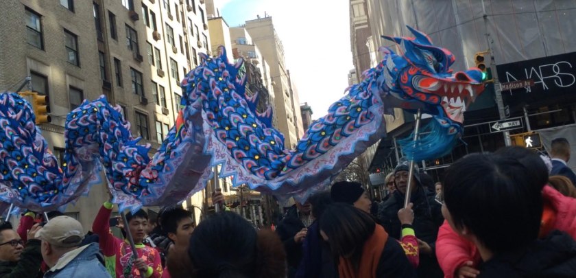 Dragon dancers at "Madison Street to Madison Avenue" Lunar New Year Celebration on Feb. 6, 2016 in New York City. Photo by Lia Chang