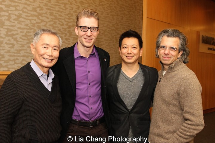 George Takei, Lorenzo Thione, Jay Kuo and Marc Acito celebrate the release of the ALLEGIANCE Original Cast recording at the Barnes and Noble CD Signing event in New York on Feb. 5, 2016. Photo by Lia Chang