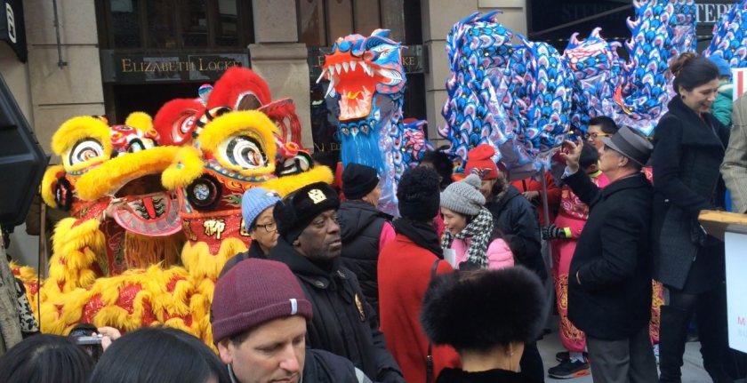 Lion dancers and dragon dancers at "Madison Street to Madison Avenue" Lunar New Year Celebration on Feb. 6, 2016 in New York City. Photo by Lia Chang