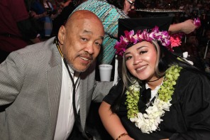 Russell Chang with his granddaughter Asia Flores at the 2016 FIDM Graduation at the Staples Center in LA on June 20, 2016. Photo by Lia Chang