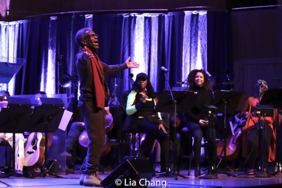 André De Shields, Freida Williams, Lori Tishfield, Debbi Blackwell-Cook, Baltimore Symphony Orchestra, and the Baltimore City College Choir in rehearsal at Joseph Meyerhoff Symphony Hall in Baltimore, MD. Photo by Lia Chang